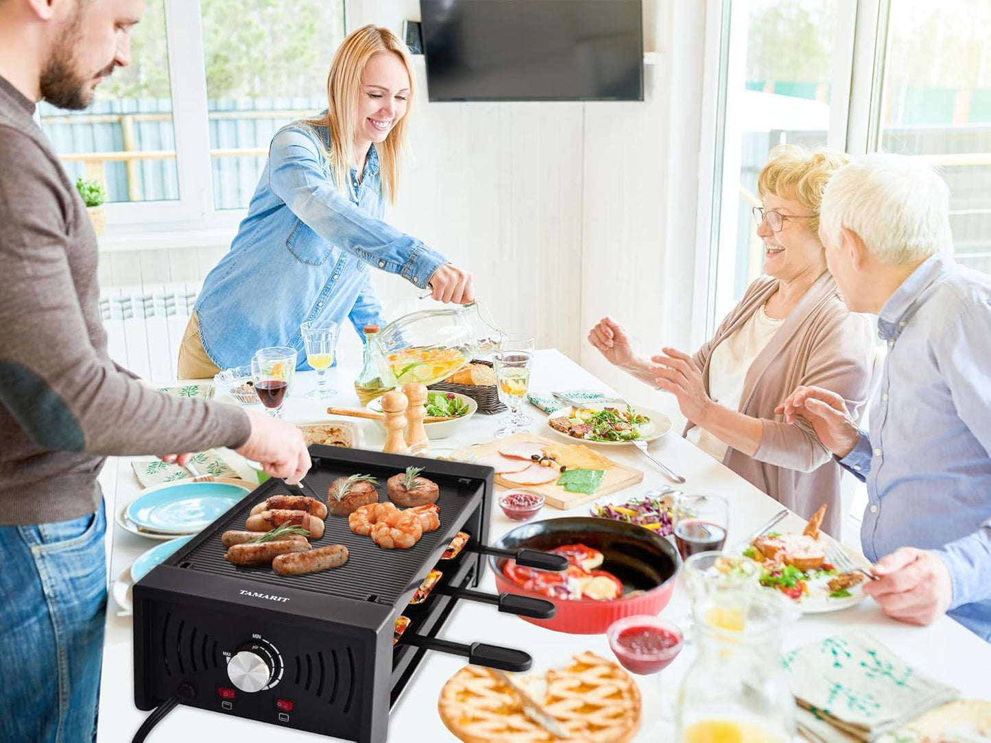 TAMARIT Raclette Party Grill Portable Indoor Electric Korean BBQ Grill 2 in 1 Raclette Table Grill with Nonstick Coating Grill Plate 4 Pizza Pans 8 Cheese Trays Upper & Lower Heater,PFAS-No