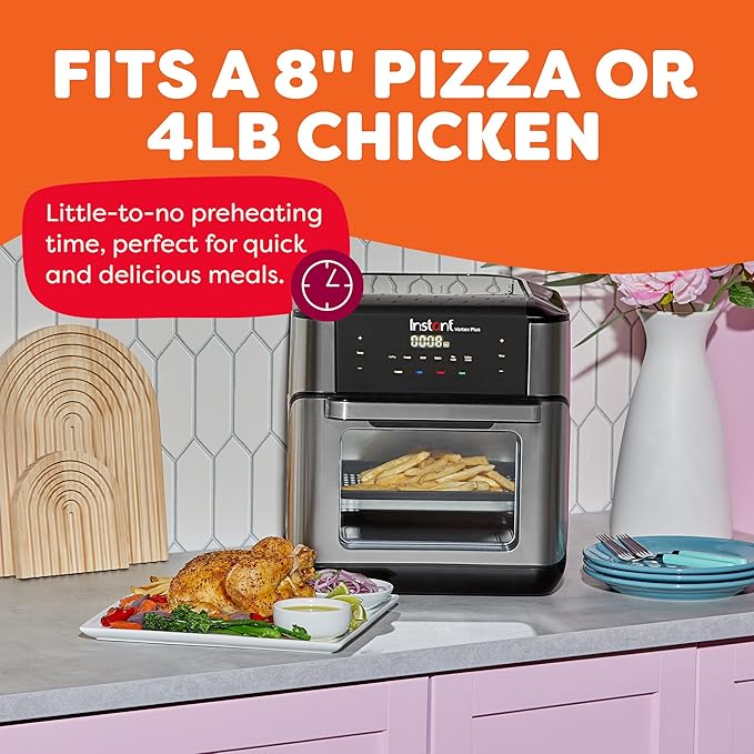 Instant Pot 10QT Air Fryer, 7-in-1 Functions with EvenCrisp Technology that Crisps, Broils, Bakes, Roasts, Dehydrates, Reheats & Rotisseries, Includes over 100 In-App Recipes, Stainless Steel