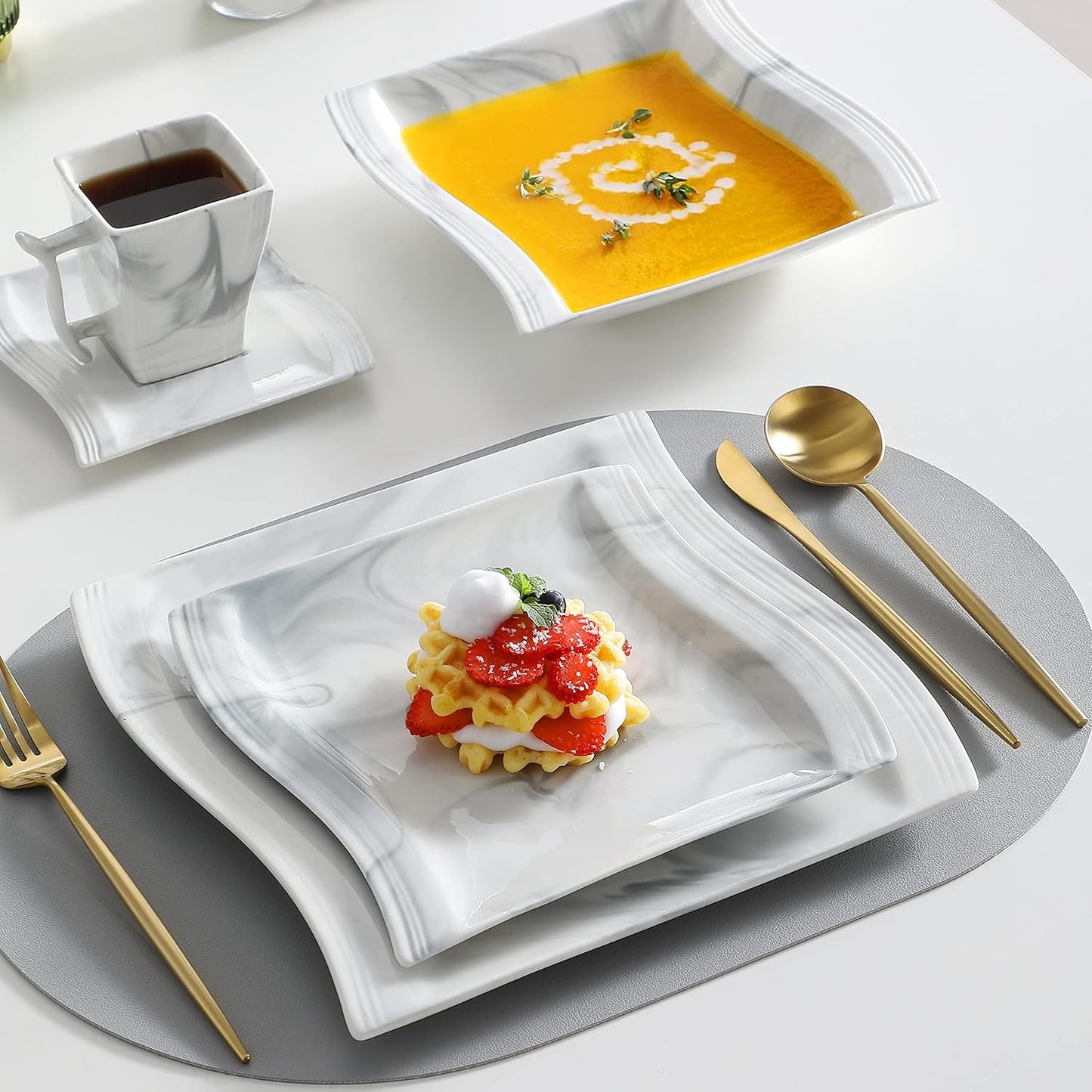 MALACASA Plates and Bowls Sets, 30 Piece Porcelain Dinnerware Sets for 6, Square Dinnerware Set with Dinner Plate, Dessert Plate, Soup Plate, Cup and Saucer, Modern Dish Set, Marble Grey, Series Flora