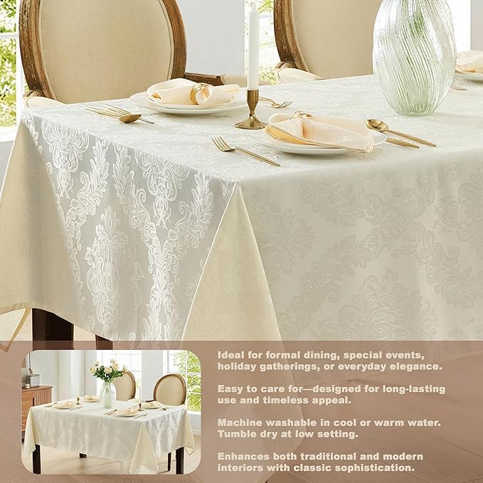Newbridge Barcelona Luxury Damask Fabric Tablecloth, 70” Extra Wide x 126” Rectangle, Antique White, 100% Polyester, No Iron, Soil Resistant Dining Room, Party and Banquet Table Cover