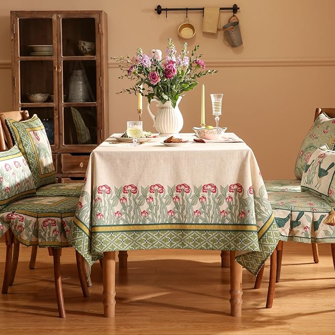 patdrea Designer Green Long Rectangle Table Cloth,Vintage Linen Leaves Pattern Tablecloth,Floral Cover Colorful Decor for Kitchen Dining Christmas,Tea Party,Thanksgiving,63"x102"-Cecilia D