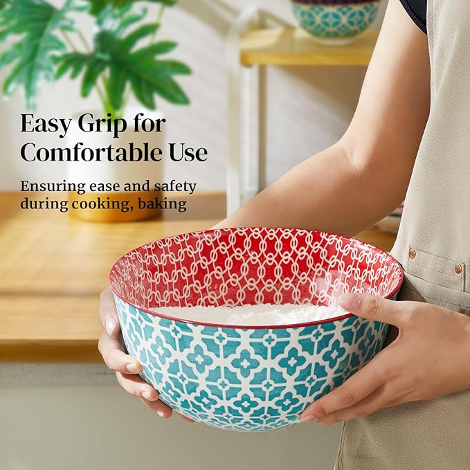 DOWAN Mixing Bowls, Ceramic Mixing Bowls for Kitchen, Colorful Vibrant Nesting Bowls for Cooking, Baking, Prepping, Serving, Salad, Housewarming Gift, Microwave Dishwasher Safe, 3.7/2/1 Qt, Set of 3