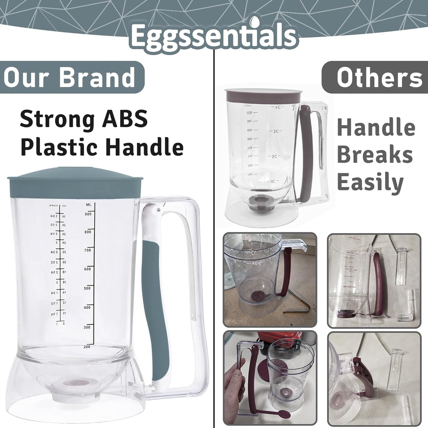 Eggssentials Pancake Dispenser – Easy Control Cake Mix Dispenser for Baking – Drip-Free Muffin & Cupcake Batter Dispenser with Handle – Great for Griddle Pancakes - Grey Color