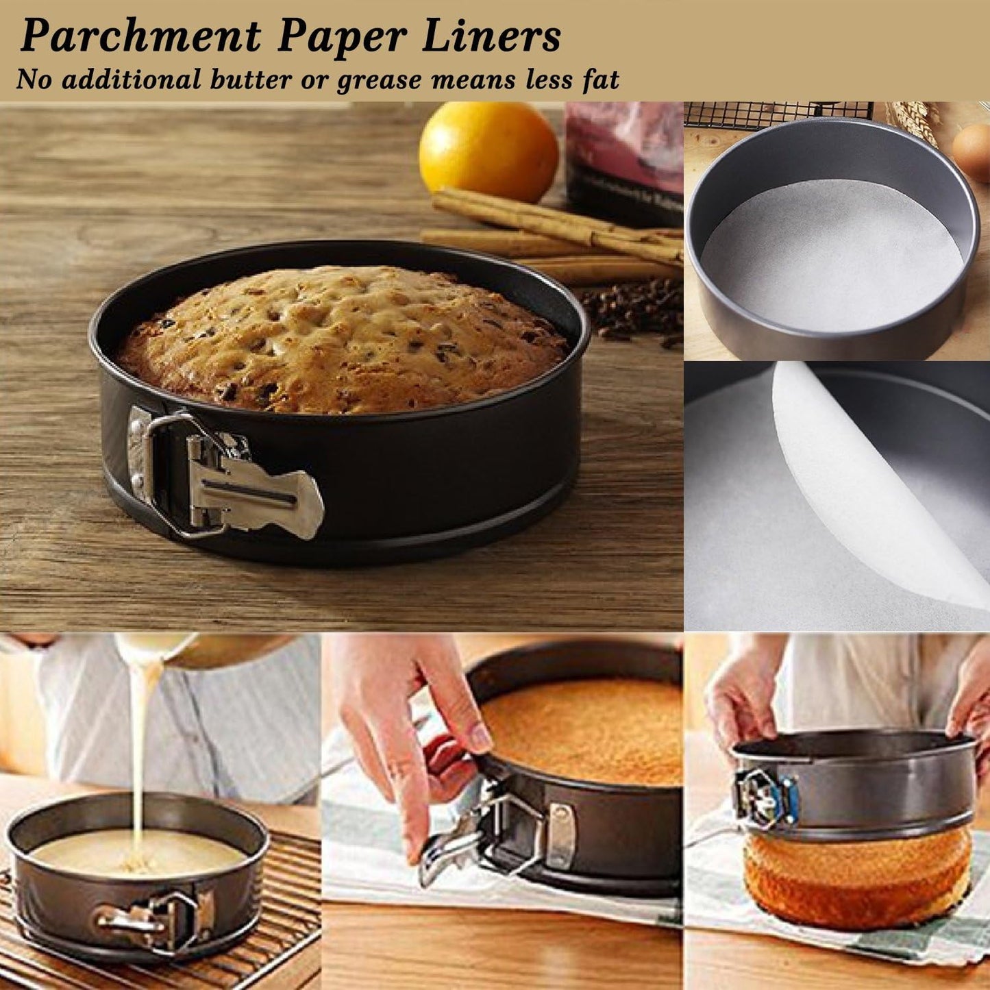 Springform Cake Pan Set of 3 Non-stick Leakproof Round Cheesecake Pan with Removable Bottom, Circle 3 Pieces 4" 7" 9" Springform Pans for Baking with 50 Pcs Parchment Paper Liners