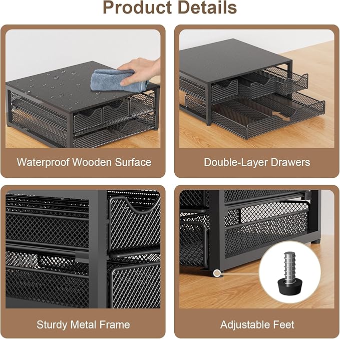 Coffee Pod Holder For Counter, 3 Pull-Out 72 K-Cup Holder Drawer, Wooden Cafe Pods Storage Organizer with Sliding Drawers for Coffee Station, Home, Kitchen, Office, Dorm (Black)