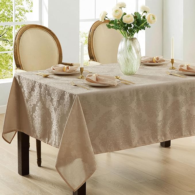 Newbridge Barcelona Luxury Damask Fabric Tablecloth, 70” Extra Wide x 108” Rectangle, Golden Beige, 100% Polyester, No Iron, Soil Resistant Dining Room, Party and Banquet Table Cover