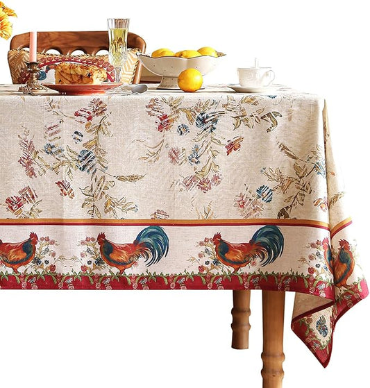 patdrea Designer Linen Tablecloth for Rectangle Table,Red Vintage Animals Pattern Floral Tablecloths,Decor Table Cover for Kitchen Dining Christmas,Tea Party,Thanksgiving,Party,63"x87"-Townlife E
