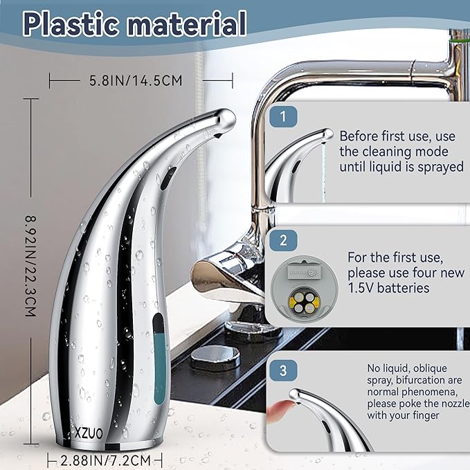 Automatic Soap Dispenser with Infrared Sensor - Adjustable 4-Level Touchless Hand Soap for Kitchen, Bathroom - Battery Operated Electric Dispenser, Durable Plastic, Smart Soap Holder (Silver)