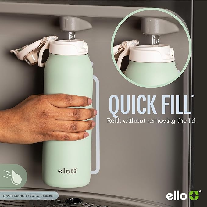 Ello Pop & Fill 32oz Stainless Steel Water Bottle with Quick Fill Technology, Double Walled and Vacuum Insulated Metal, Leak Proof Locking Lid, Sip and Chug, Reusable, BPA Free, Forest Mist