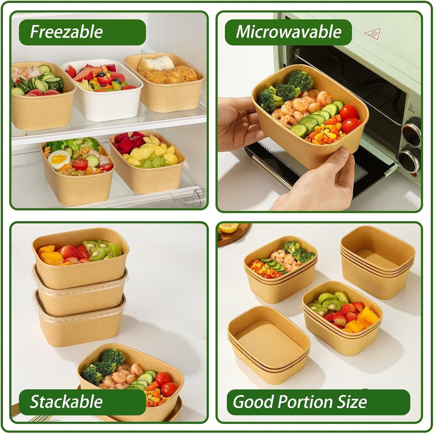 DI QIU REN 50-Pack 25oz Paper Bowls, Disposable Food Containers with Lids and Forks, Rectangular Disposable Salad Bowls for Diet Salad, Pasta (kraft Paper Rectangular, 25oz 50 Count)