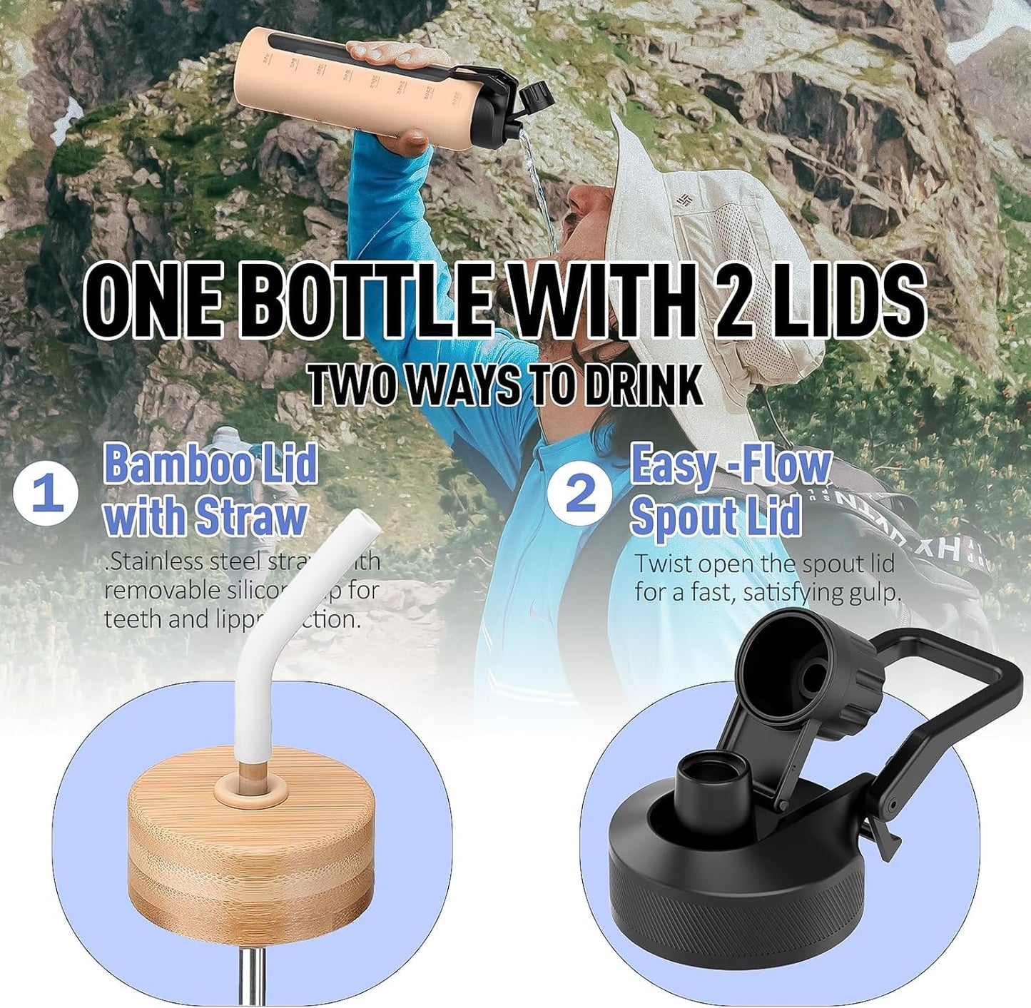 32oz Glass Water Bottle with Straw and 2 Lids- Bamboo Straw and Spout Lid with Phone Holder for Gym, Glass Drinking Bottles with Silicone Sleeve and Motivational Time Marker, White