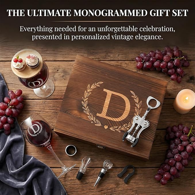 GZLDGIFTS Personalized Initial Wine Glasses Box Gift Set For Women Mom Engraved Birthday Monogrammed Wooden Christmas Gifts Wedding Anniversary Wine Couples Stopper Opener Initial Letterr (J Set)