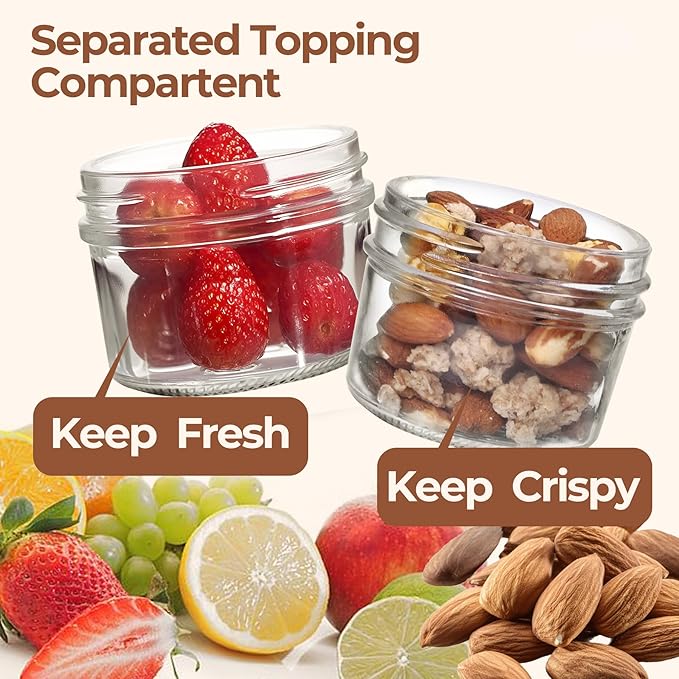 ComSaf Overnight Oats Containers with Lids (8oz+4oz, 4Pcs), Glass Yogurt Parfait Cups for Cereal Nut Fruit, Dual-Layer Chia Pudding Jars Reusable, Small Mason Jars for Salad, Meal Prep, Snack, Oatmeal