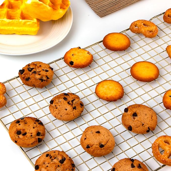 Cooling Rack for Baking, 2-Pack 16x10 Inches Baking Rack, Thick Wire Cookie Rack for Cooking, Roasting, Grilling, Drying, Oven Safe, Fits Half Sheet Pan, Gold