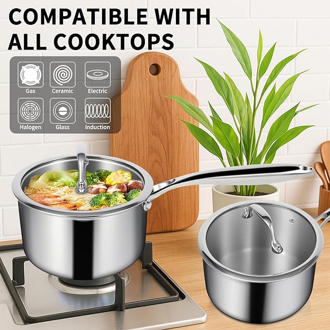 EWFEN 3 Ply Stainless Steel Sauce Pan Set with Lids, 1 & 2 & 3 Quart Multipurpose Cooking Pot, Stay-Cool Handle, Induction Oven Dishwasher Safe, 1QT & 2QT & 3QT