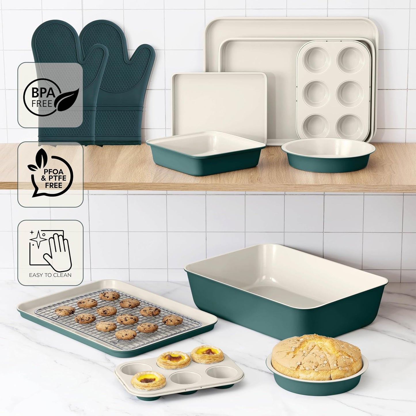 Country Kitchen Nonstick Stackable Bakeware Set - Deluxe Heavy Duty, Durable, Easy Release Baking Set, Sage, 13 Pcs
