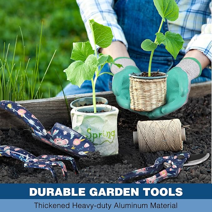 WORKPRO 5PCS Garden Tool Set, Aluminum Heavy Duty Gardening Tool Set with Garden Tool Bag, Outdoor Garden Hand Tools, Blue Insect and Flower
