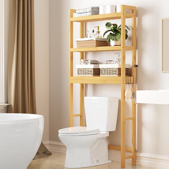 Smiry Over The Toilet Storage Cabinet, 3-Tier Bamboo Bathroom Organizers with Adjustable Shelf & 4 Hooks, Space Saving Shelf Rack for Bathrooms, Laundry Room, Balcony, Natural