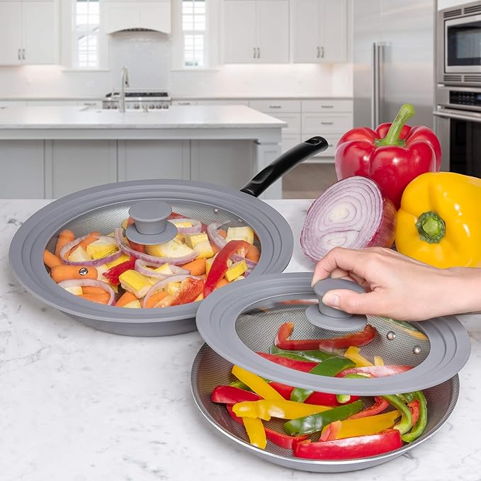 LSR Loreso Universal Pan Lid for Pots Pans and Skillets 7.5-11.5 Inch - Tempered Glass Pot Lid Set with Auto-Sizing Silicone Rim, 2 Pack Grey