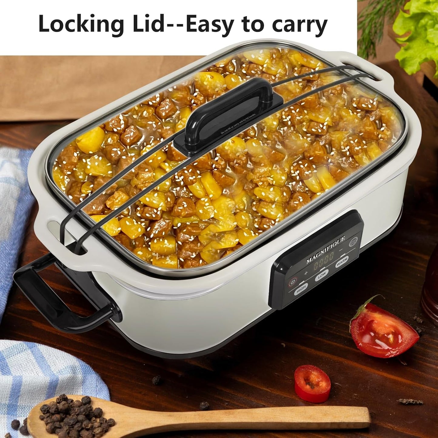 MAGNIFIQUE Small 4 Quart Casserole Programmable Slow Cooker with Ceramic Baking Dish - Perfect Kitchen Small Appliance for Family Dinners, Oven Safe and Durable Bakeware for Lasagna, Roasts (White)