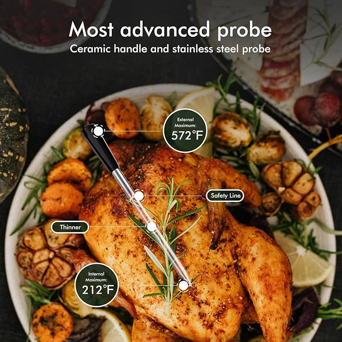 Smart Wireless Meat Thermometer with Thinnest Probe, Magnetic Bluetooth Food Thermometer, Remote Tracking and Real-Time Readings from Apps, for iOS and Android, for BBQ, Grill, Smoker
