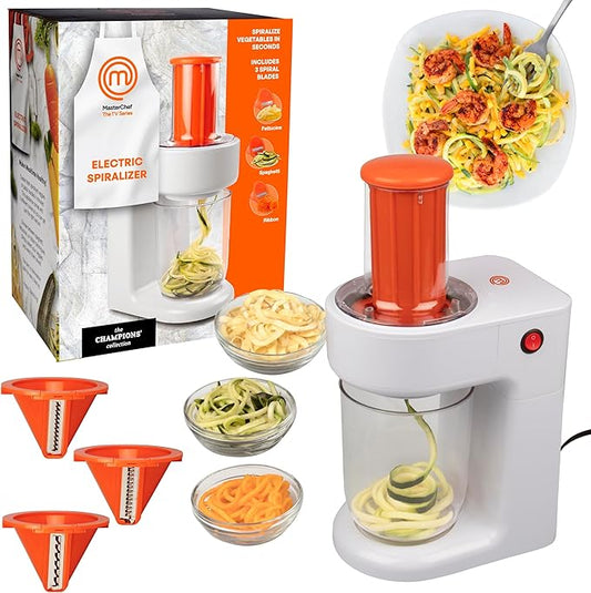 MasterChef Electric Spiralizer- 3-in-1 Vegetable Noodle Pasta Maker- Homemade Low Carb, Keto, Vegan, Gluten Free- Zoodle Zucchini Veggie Slicer & XL Hopper, FREE Recipes- Quick Healthy Meal Prep Gift