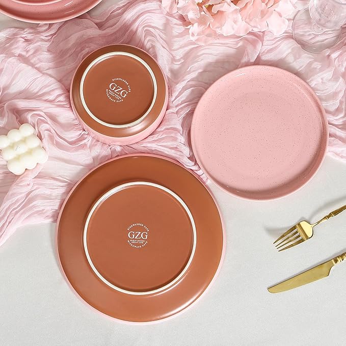 GZG Ceramic Dinner Plates Set of 4, 10.25 Inch Speckled Stoneware Plates with Clay-Tone Base, Large Ceramic Plates for Steak, Salad, Pizza, Microwave Oven Dishwasher Safe