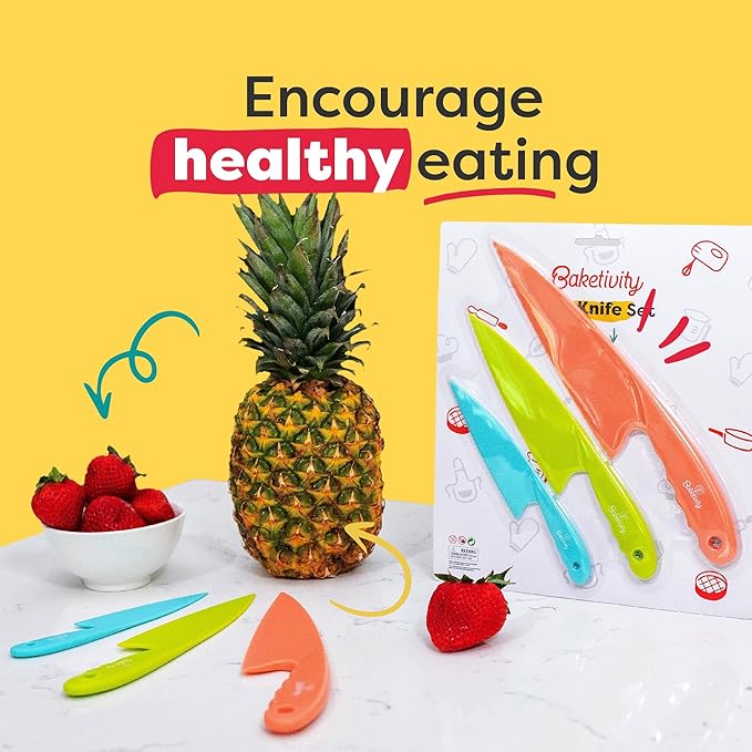Baketivity 3 Piece Kids Knife Set | Plastic Kids Safe Knives for Kitchen | Toddler Knife Set for Real Cooking | Dishwasher Safe, Kid Friendly Safe Knives Set for Cutting Fruits, Veggies, Cakes