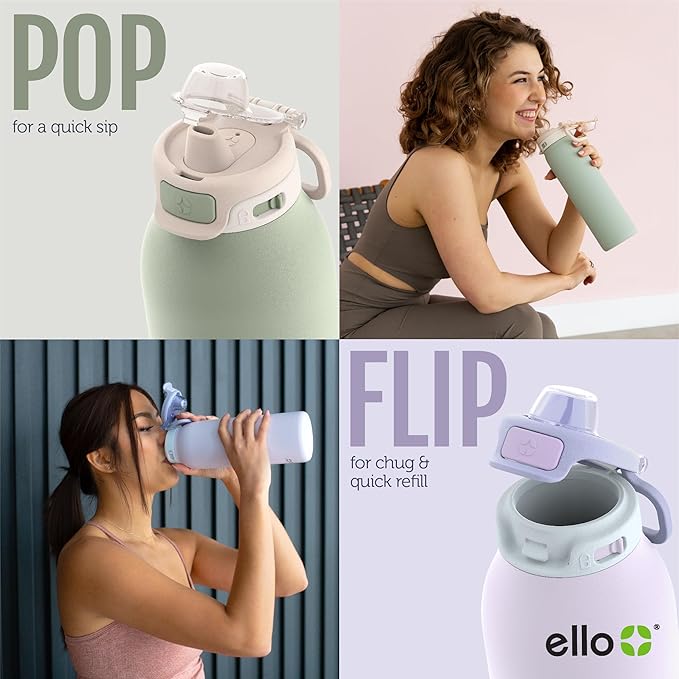 Ello Pop & Fill 32oz Stainless Steel Water Bottle with Quick Fill Technology, Double Walled and Vacuum Insulated Metal, Leak Proof Locking Lid, Sip and Chug, Reusable, BPA Free, Halogen Blue