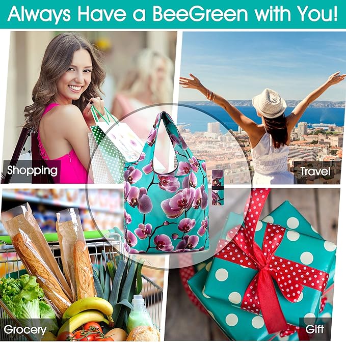 BeeGreen 12 Packs Flower Reusable Grocery Bags Reusable Tote Bags Extra Large 50LBS Cute Floral Design Foldable Reusable Bags for Women Men Lightweight Durable