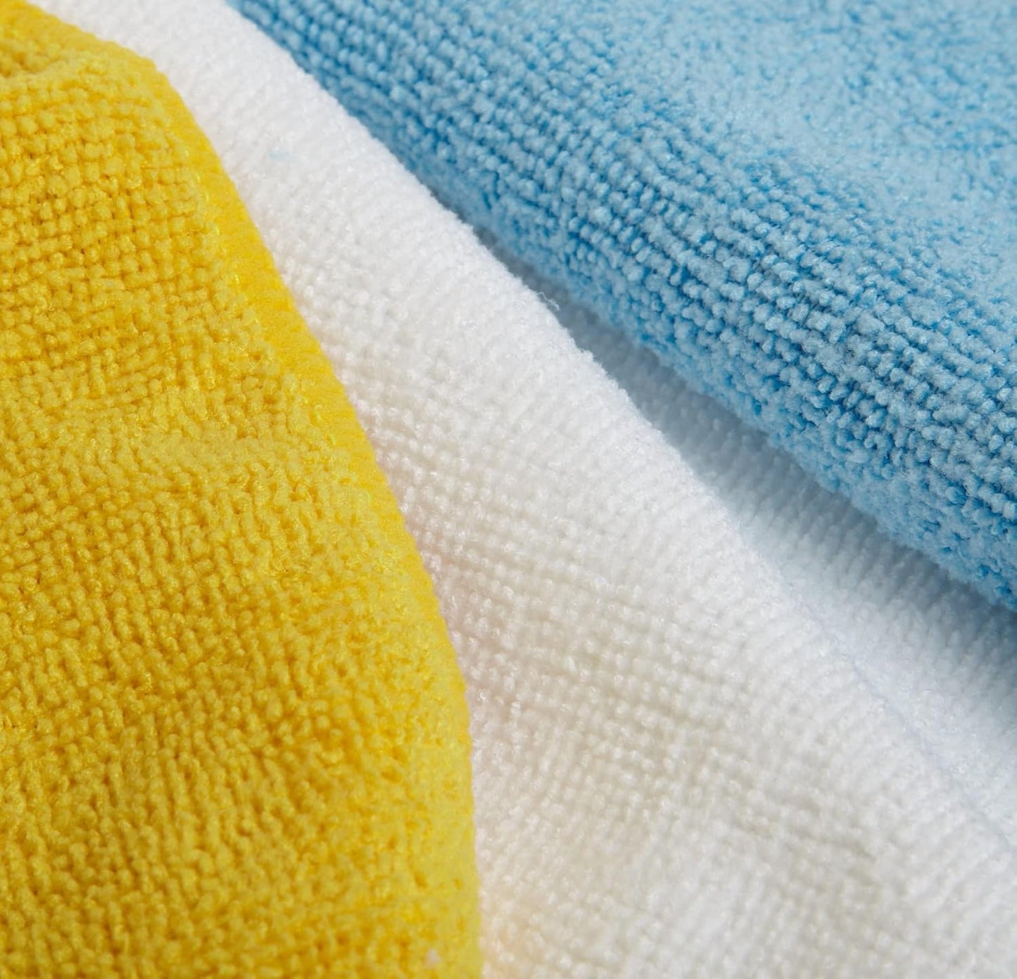 Amazon Basics Microfiber Cleaning Cloths for Cars, Non-Abrasive, Highly Absorbent, Lint and Scratch-Free, Reusable and Washable, 16" x 12", Blue/White/Yellow, 144-Pack