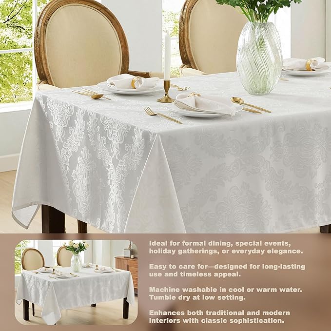 Newbridge Barcelona Luxury Damask Fabric Tablecloth, 70” Extra Wide x 108” Rectangle, White, 100% Polyester, No Iron, Soil Resistant Dining Room, Party and Banquet Table Cover