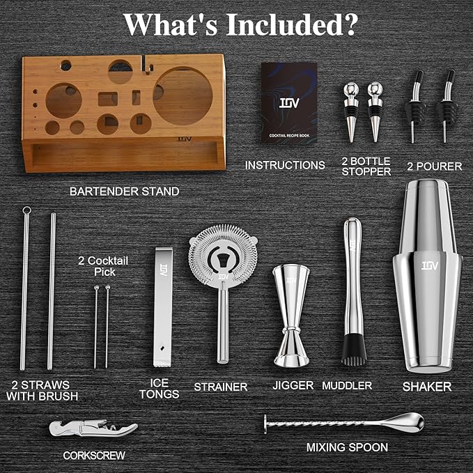 IOV Mixology Bartender Kit Bar Set with Stand | 17-Piece Cocktail Shaker Set | 28oz Boston Shaker Drink Mixer Set with All Essential Accessory Tools | Fun Housewarming Gift (Silver)