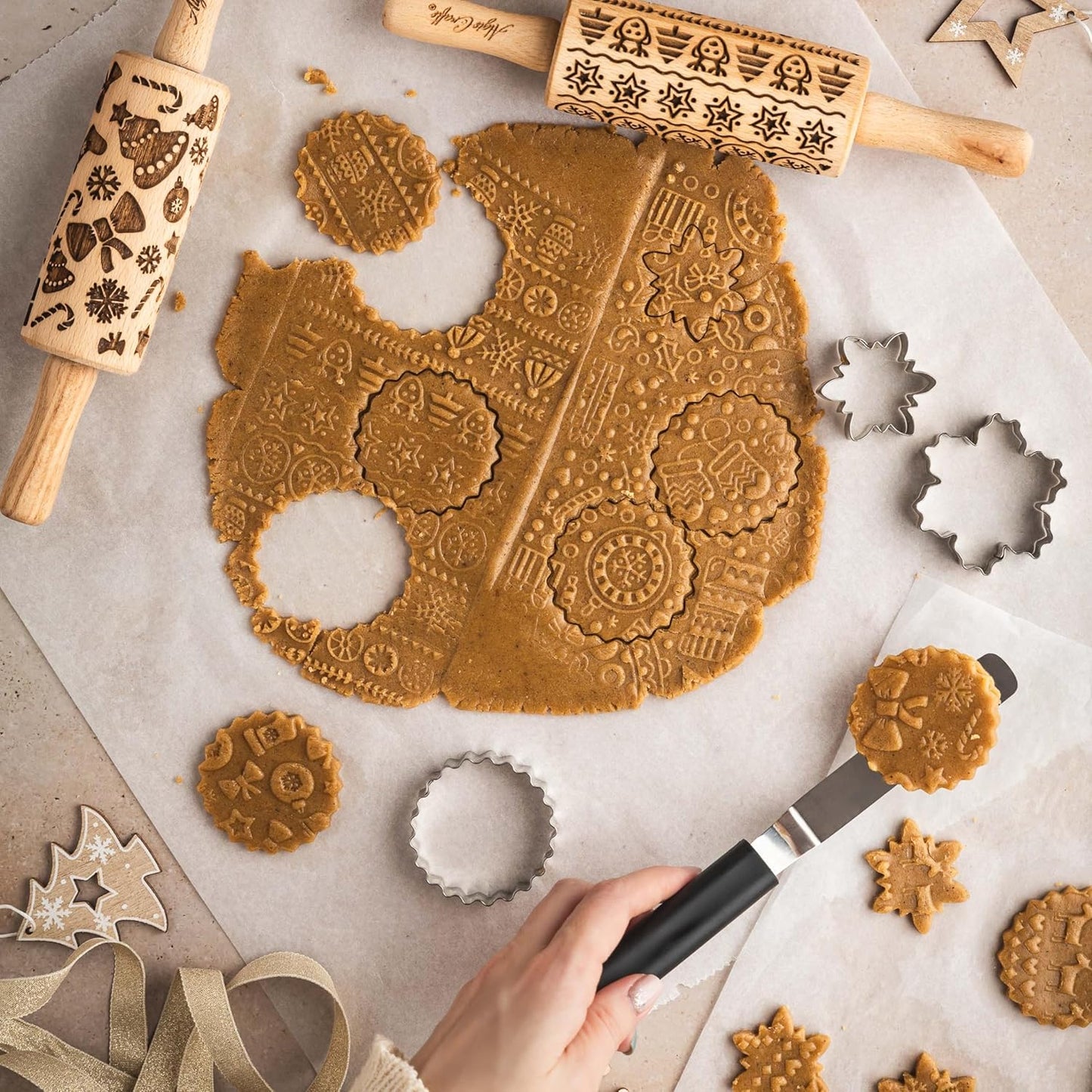 CHRISTMAS FUN 3 Kid Rolling Pin Set. Wooden Laser Cut Embossing Cut Mini Rolling Pins for Embossed Cookies. Gift for Kid, Friend, Christmas by Algis Crafts