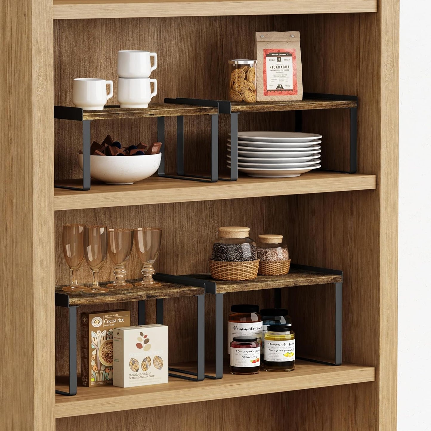 Kitchen Cabinet Organizers and Storage Shelves, Rustic Farmhouse Desk Shelf Riser for Cabinets, Black Expandable Corner Glasses Medicine Cabinet Organizer under Bathroom Sink - Set of 4