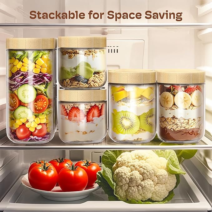 2 pack 10oz Overnight Oats Containers with Bamboo Lids, Glass Jars with Airtight Lids for Meal Prep, Wide Mouth Mason Salad Jars, Glass Food Storage Container for Yogurt Chia Snacks Spice Sugar