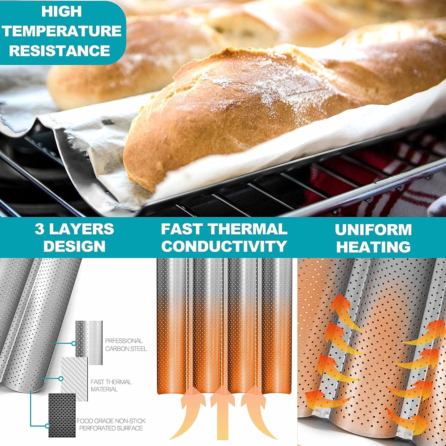 Anaeat Nonstick Perforated French Bread Baking Pan, 15"X 13" Premium Toast Mold, Silver