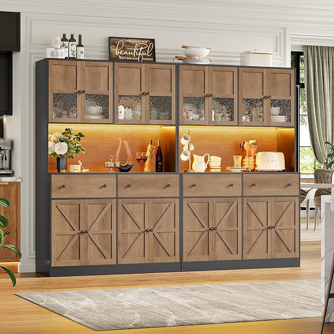 FINETONES 71" Pantry Cabinet with LED Light and Charging Station, Farmhouse Kitchen Pantry Cabinet with Microwave Stand, 47.2" Wide Kitchen Hutch Food Pantry with Open Countertop, Black/Brown
