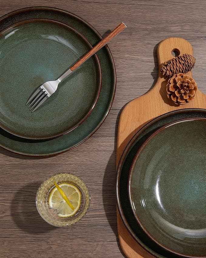 32 Piece Double Bowl Dinnerware Sets with Pasta Bowls, Highly Chip and Crack Resistant Plates and Bowls Sets, Natural Earthyware Ceramic Dishware Sets, Service for 8 Brown Green