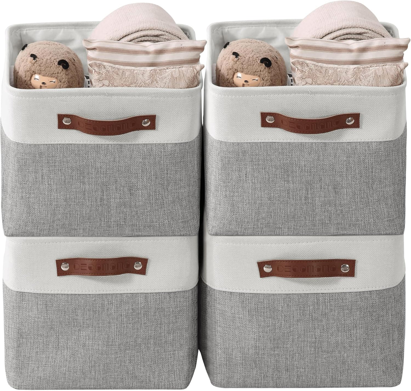 DECOMOMO Storage Baskets for Shelves - Fabric Storage Bins, Linen Closet Organizers and Storage (Grey & White, Large - 4 Pack)