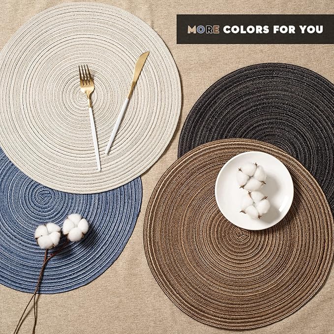 FunWheat Round Braided Placemats Set of 8 Place mats for Dining Tables Woven Heat Resistant Table Mats 15 inch(E Klein Blue, 8pcs)