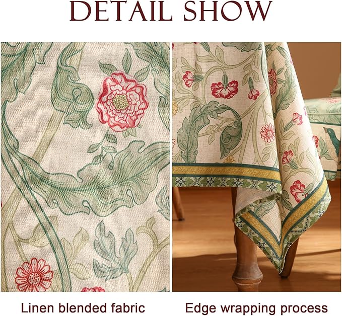 patdrea Designer Green Long Table Cloth for Rectangle Table,Vintage Linen Leaves Pattern Tablecloth,Floral Decor Cover for Kitchen Dining Christmas,Tea Party,Thanksgiving,63"x94"-Cecilia a