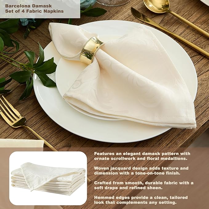 Newbridge Barcelona Luxury Damask Fabric Tablecloth, 60” Wide x 144” Rectangle, Antique White, 100% Polyester, No Iron, Soil Resistant Dining Room, Party and Banquet Table Cover