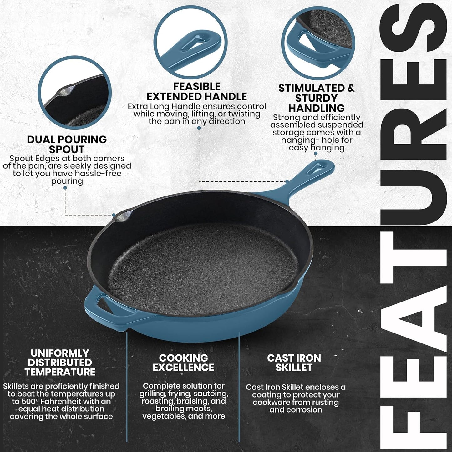 Utopia Kitchen Cast Iron Frying Pan 12 Inch, Cast Iron Chefs Pan, Pre Seasoned Skillet, Safe Grill Cookware for Indoor & Outdoor Use, Teal