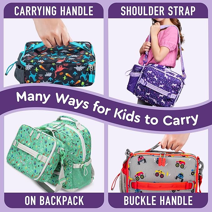 Bentgo Kids Lunch Bag - Durable, Double-Insulated Lunch Bag for Kids 3+; Holds Lunch Box, Water Bottle, & Snacks; Easy-Clean Water-Resistant Fabric & Multiple Zippered Pockets (Unicorn)