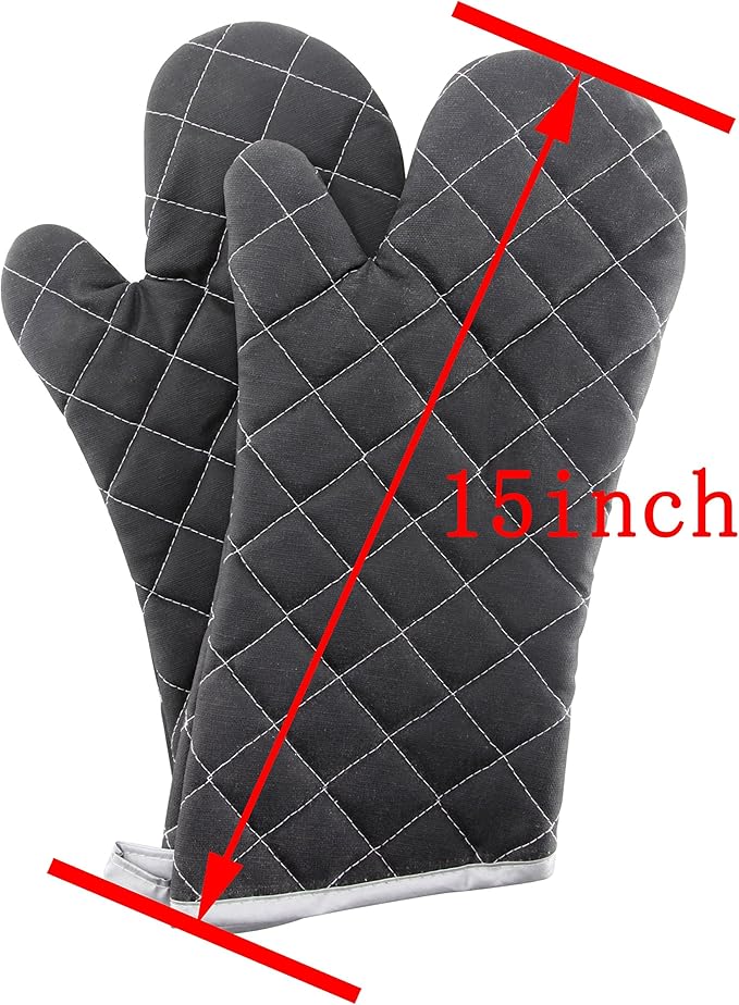 Oven Mitts Flame Retardant Mitts Heat Resistant to 425 °F 15 Inch Kitchen Mitt Black Color 2-Pack
