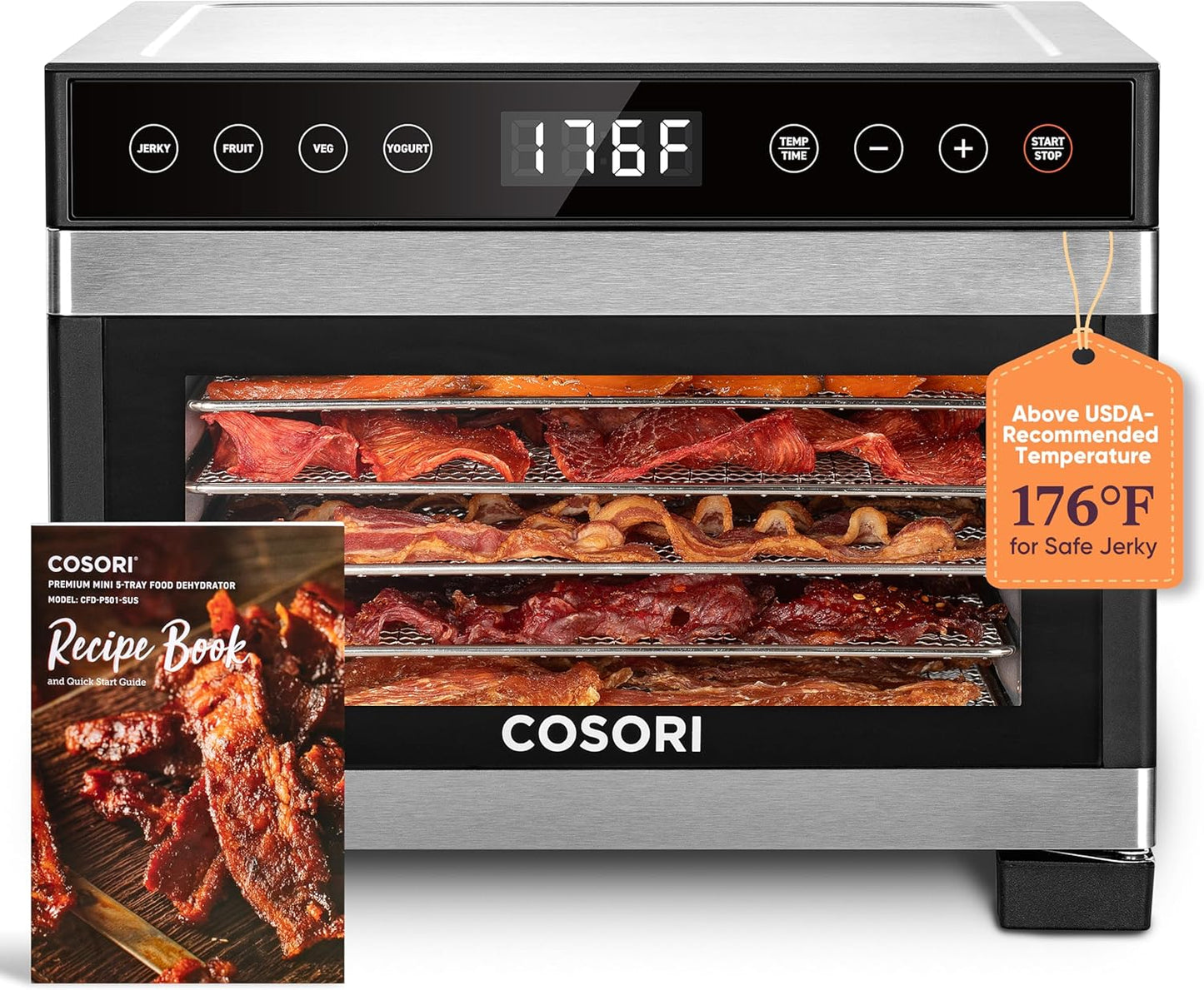 COSORI Food Dehydrator for Jerky, 176°F Temperature Control, 5 Stainless Steel Trays Dryer Machine, 4 Presets, 48H Timer, for Dog Treats, Meat, Fruit, Veggies, Snacks, Recipe Book Included