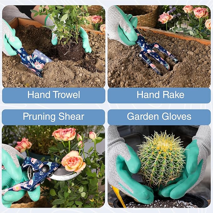 WORKPRO 5PCS Garden Tool Set, Aluminum Heavy Duty Gardening Tool Set with Garden Tool Bag, Outdoor Garden Hand Tools, Blue Insect and Flower