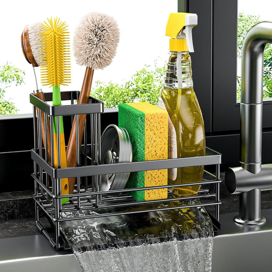 Cisily Sink Caddy Sponge Holder for Kitchen with Brush Holder and Stainless Steel Self Drain Tray, Rustproof Kitchen Sink Organizer for Sponge, Soap Dispenser Storage Accessories (Black)