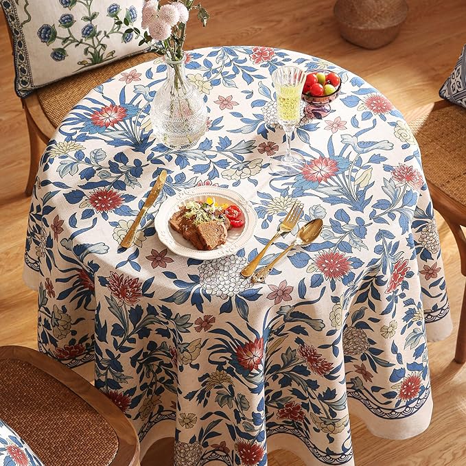 patdrea Designer Blue Tablecloth for Round Table,Vintage Linen with Leaves and Floral Pattern Tablecloths,Farmhouse Decor Cover for Kitchen Dining Christmas,Thanksgiving,Diameter 67"-Ivar a